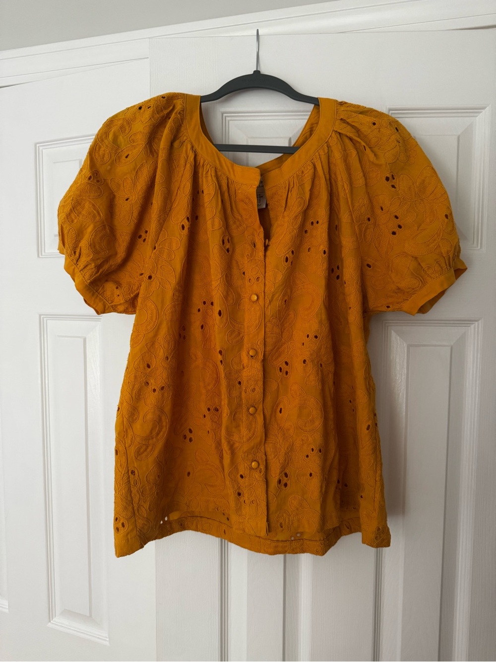 Calypso St. Barth mustard yellow bubble sleeve button up top